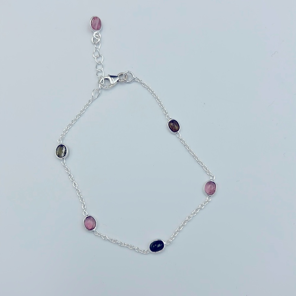 925 Sterling Silver Multicolor Tourmaline October Birthstone Dainty Bracelet